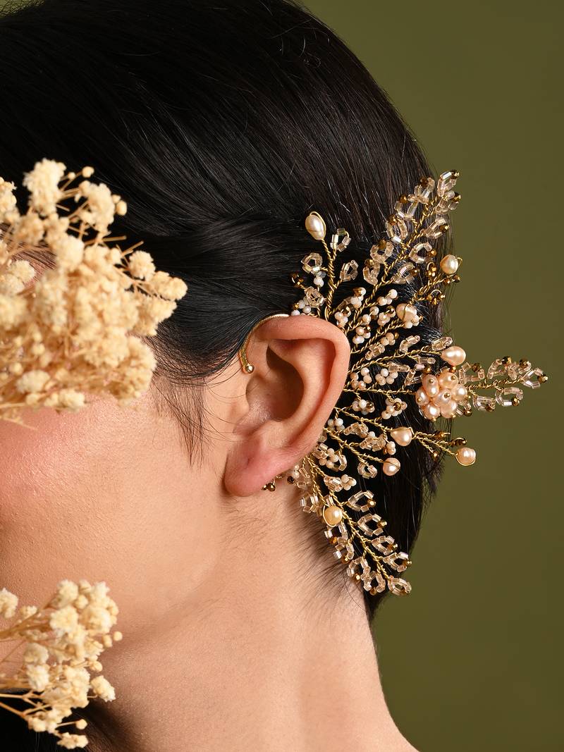 Peach pearl gold plated designer ear cuff for haldi mehendi wedding