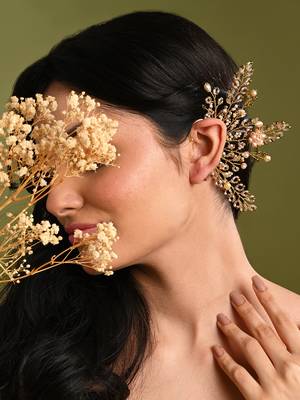 Peach pearl gold plated designer ear cuff for haldi mehendi wedding 2