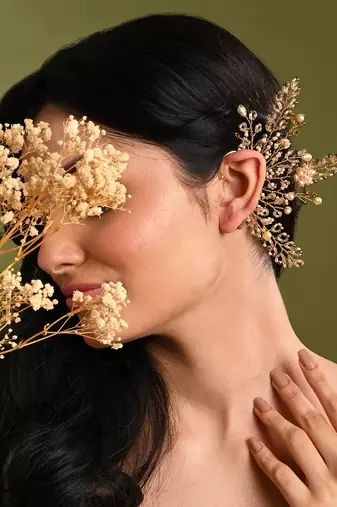 Peach pearl gold plated designer ear cuff for haldi mehendi wedding