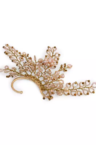 Peach pearl gold plated designer ear cuff for haldi mehendi wedding