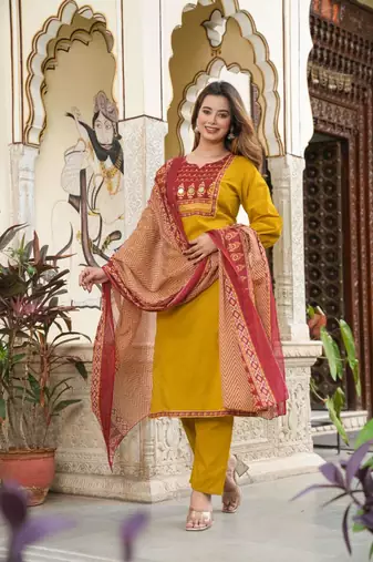Yellow Floral Embroidered Round Neck Pure Cotton Kurta With Trouser & Dupatta