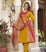Yellow Floral Embroidered Round Neck Pure Cotton Kurta With Trouser & Dupatta