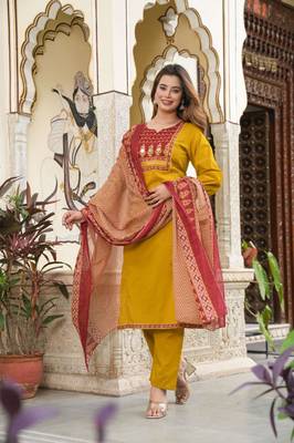 Yellow Floral Embroidered Round Neck Pure Cotton Kurta With Trouser & Dupatta 2