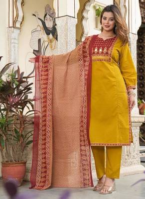 Yellow Floral Embroidered Round Neck Pure Cotton Kurta With Trouser & Dupatta 3