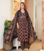 floral printed black round neck pure cotton kurta with trouser & dupatta