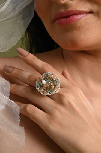Pearl and crystal floral round finger ring for women