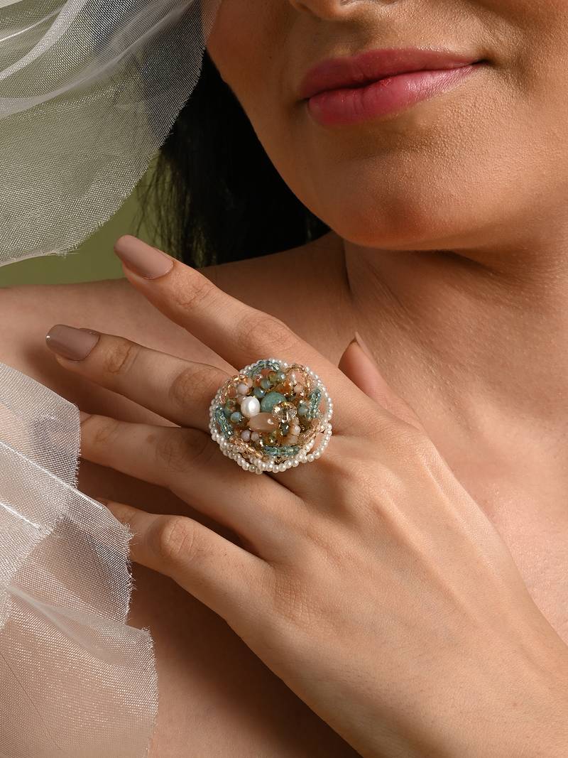 Pearl and crystal floral round finger ring for women