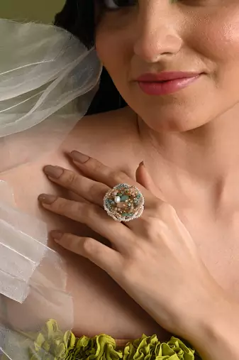 Pearl and crystal floral round finger ring for women