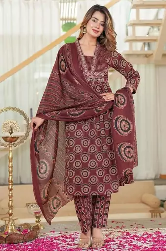 Red Floral Printed Round Neck Pure Cotton Kurta With Trouser & Dupatta