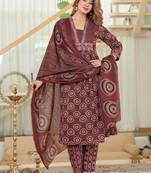 Red Floral Printed Round Neck Pure Cotton Kurta With Trouser & Dupatta
