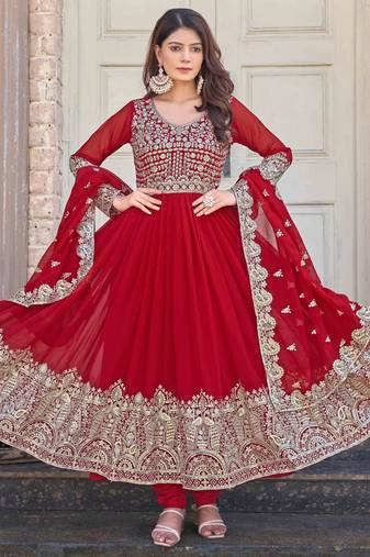 Red embroidered georgette three-piece Anarkali suit 