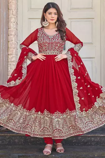 Red embroidered georgette three-piece Anarkali suit 