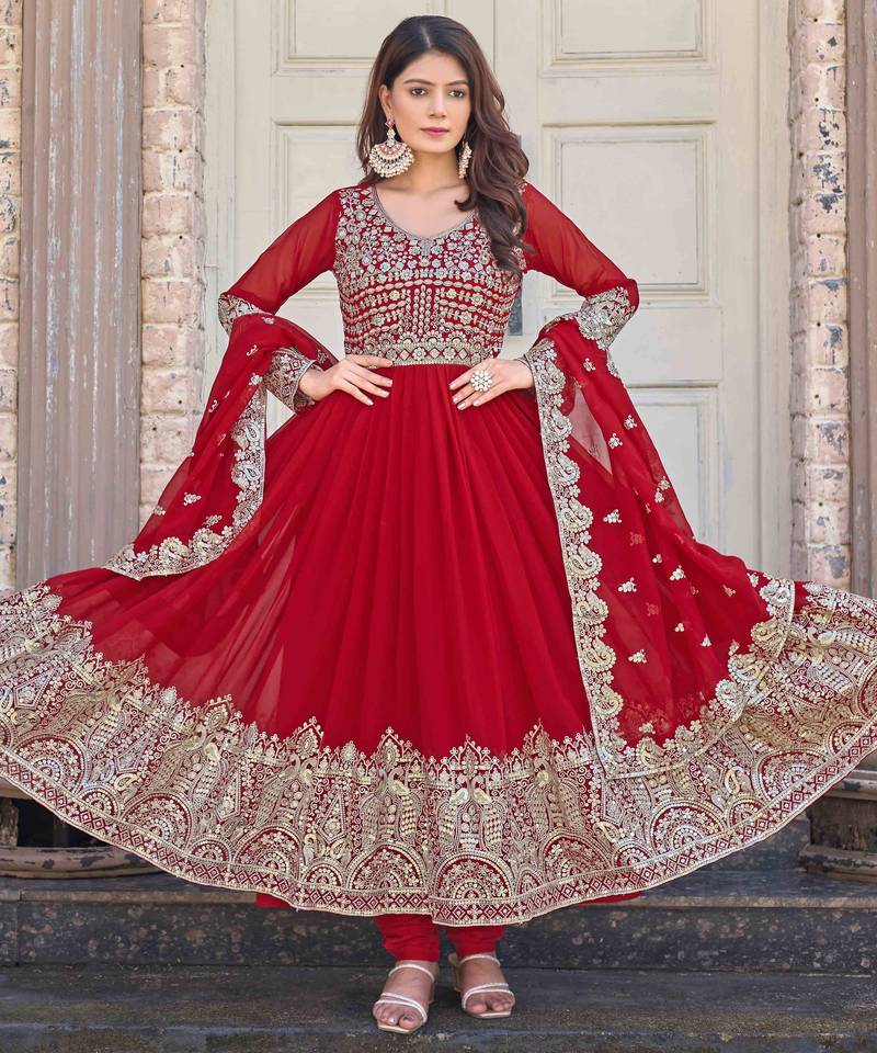 Red embroidered georgette three-piece Anarkali suit 