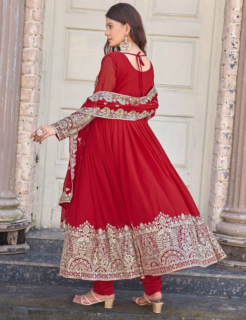 Red embroidered georgette three-piece Anarkali suit 