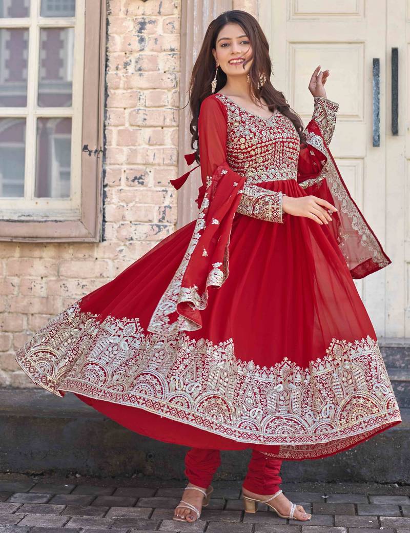 Red embroidered georgette three-piece Anarkali suit 