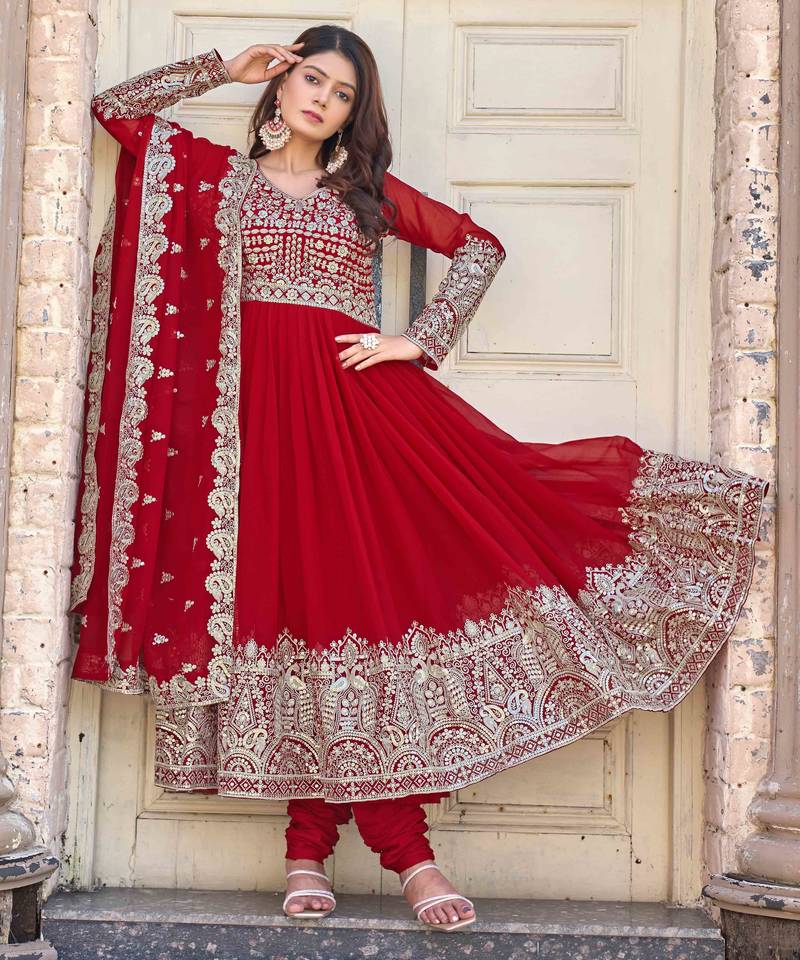 Red embroidered georgette three-piece Anarkali suit 