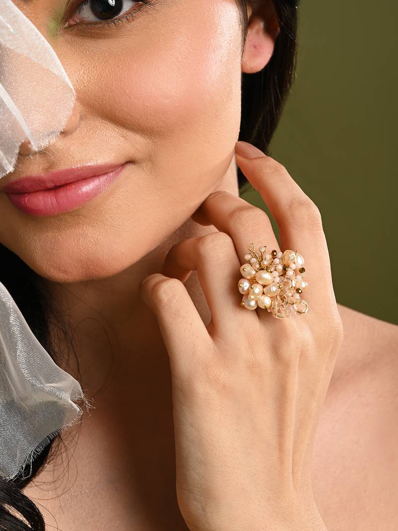 Peach pearl and crystal gold plated ring for all fingers
