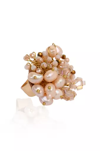 Peach pearl and crystal gold plated ring for all fingers