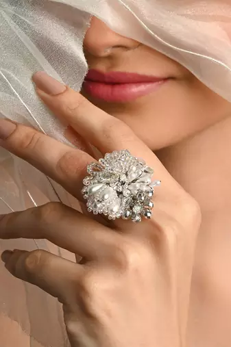 White drop pearl silver adjustable ring for women