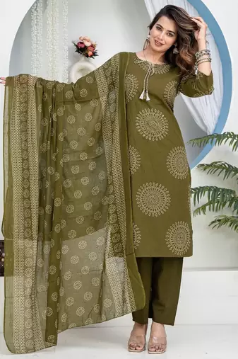 Green Floral Printed Round Neck Pure Cotton Kurta With Trouser & Dupatta