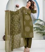 Green Floral Printed Round Neck Pure Cotton Kurta With Trouser & Dupatta