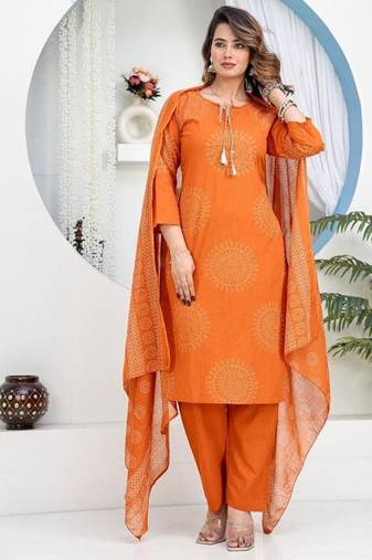 Orange Floral Printed Round Neck Pure Cotton Kurta With Trouser & Dupatta
