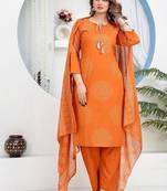 Orange Floral Printed Round Neck Pure Cotton Kurta With Trouser & Dupatta
