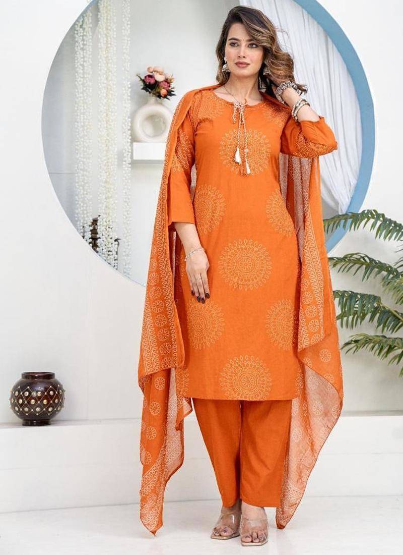 Orange Floral Printed Round Neck Pure Cotton Kurta With Trouser & Dupatta