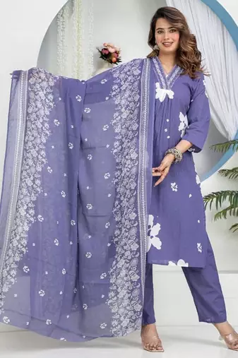 Aaysa floral embroidered blue round neck pure cotton kurta with trouser & dupatta