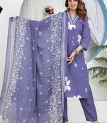 floral embroidered blue round neck pure cotton kurta with trouser & dupatta