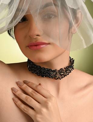 Jet black stone crytal silver plated cocktail choker necklace 1