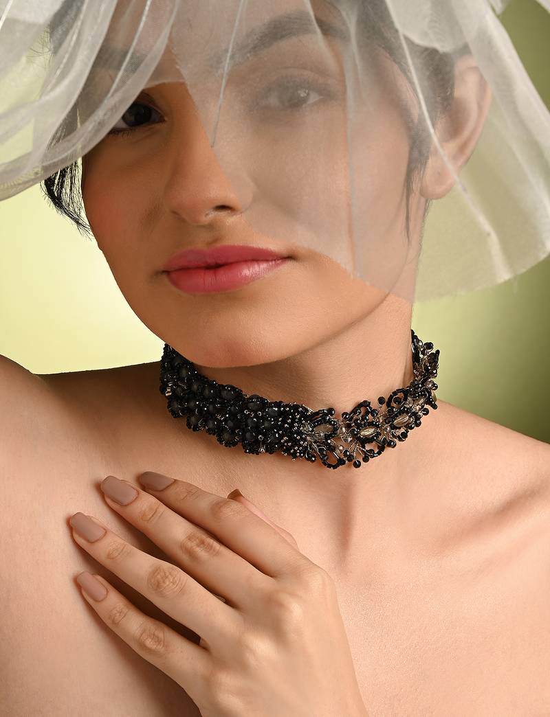 Jet black stone crytal silver plated cocktail choker necklace