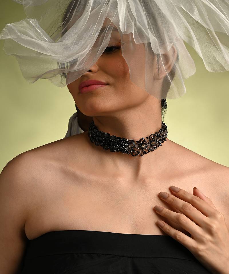 Jet black stone crytal silver plated cocktail choker necklace