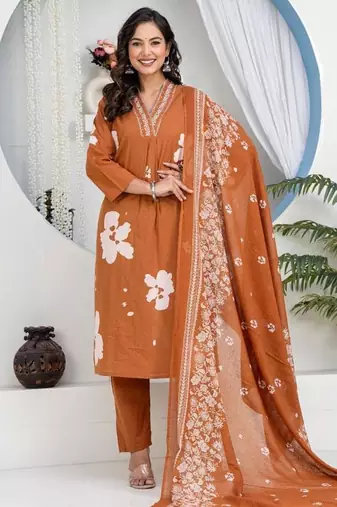 Brown Floral Embroidered Round Neck Pure Cotton Kurta With Trouser & Dupatta