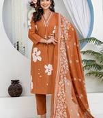 Brown Floral Embroidered Round Neck Pure Cotton Kurta With Trouser & Dupatta