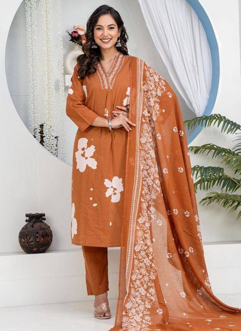 Brown Floral Embroidered Round Neck Pure Cotton Kurta With Trouser & Dupatta