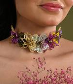 Colourful crystal classic floral choker gold plated