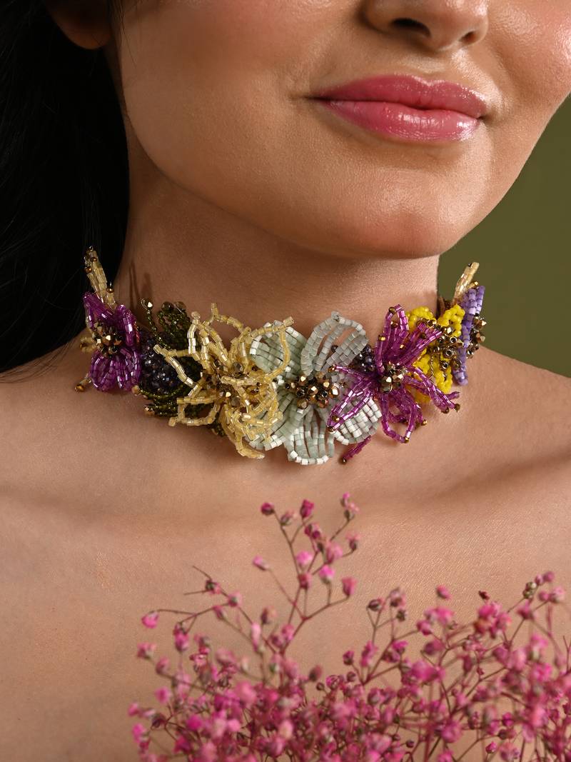 Colourful crystal classic floral choker gold plated