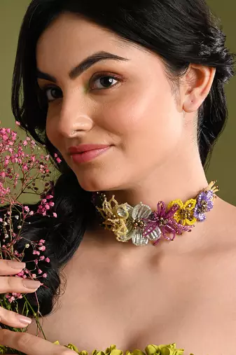 Colourful crystal classic floral choker gold plated