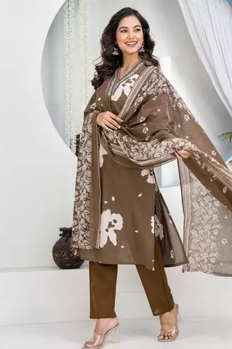 Chiku Floral Embroidered Round Neck Pure Cotton Kurta With Trouser & Dupatta