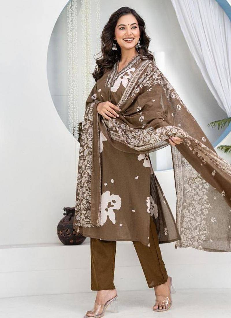 Chiku Floral Embroidered Round Neck Pure Cotton Kurta With Trouser & Dupatta