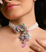 Pearl necklace withcolourful crystal flower bunch pendant