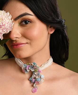 Pearl necklace withcolourful crystal flower bunch pendant 2