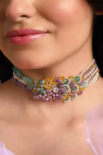 Colourful stone neckpiece for haldi mehendi wedding