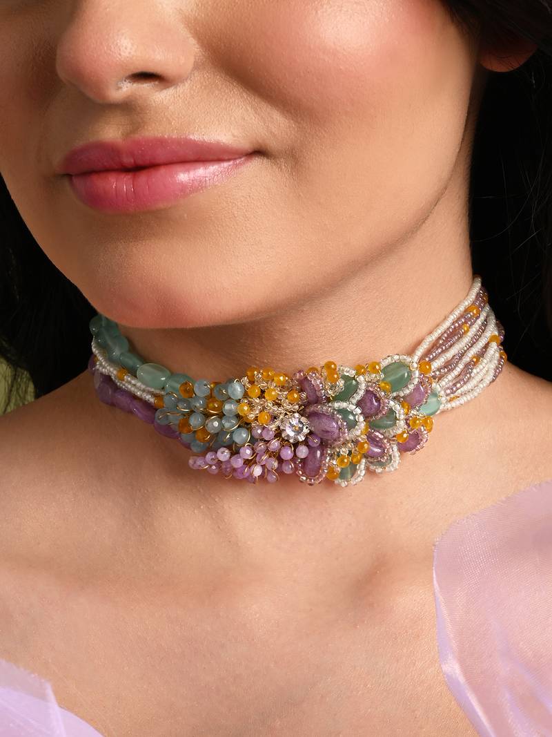 Colourful stone neckpiece for haldi mehendi wedding
