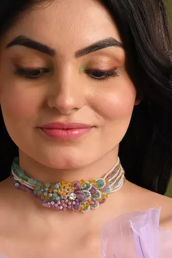 Colourful stone neckpiece for haldi mehendi wedding
