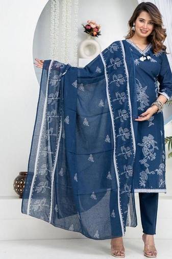 Aaysa floral printed blue round neck pure cotton kurta with trouser & dupatta