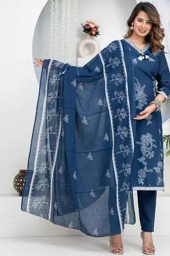 Aaysa floral printed blue round neck pure cotton kurta with trouser & dupatta