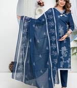 floral printed blue round neck pure cotton kurta with trouser & dupatta
