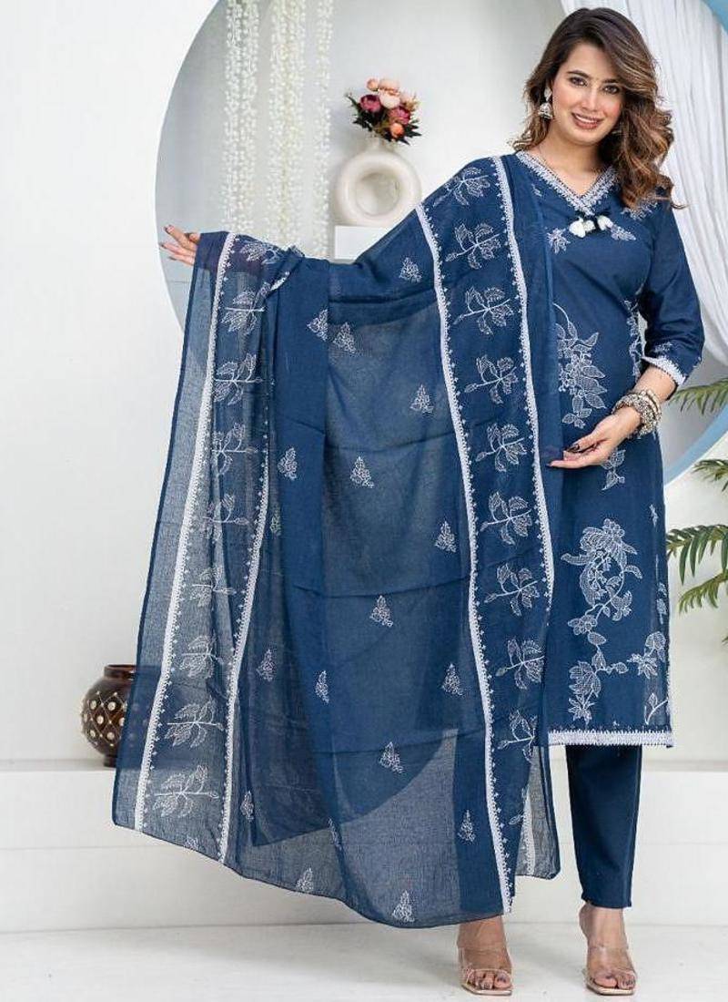 Aaysa floral printed blue round neck pure cotton kurta with trouser & dupatta
